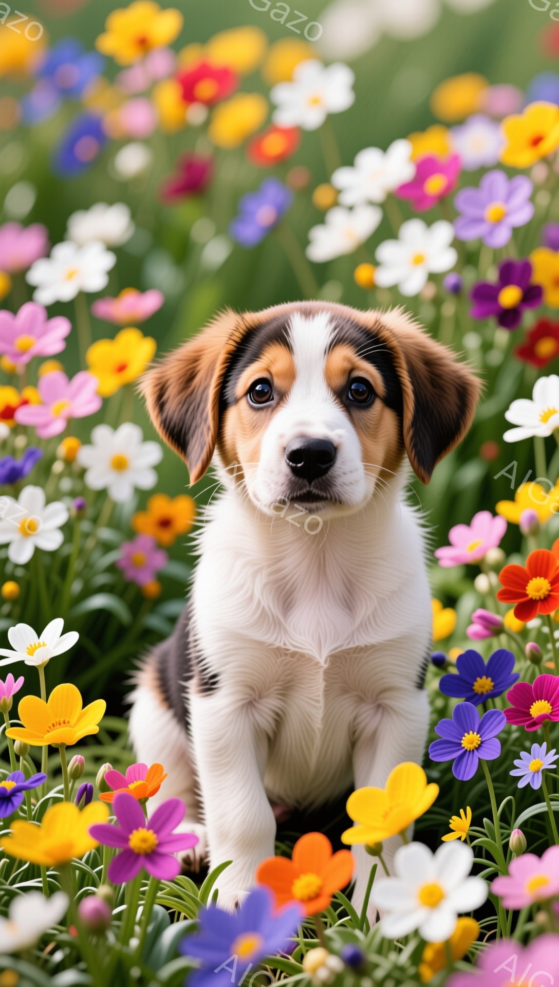 鮮やかな花畑の中に、小さな子犬が座っています。茶色と白の毛並みで、つぶらな瞳が特徴的です。周りの花々が可愛らしさを引き立て、暖かく優しい雰囲気です。 - AI生成フリー素材