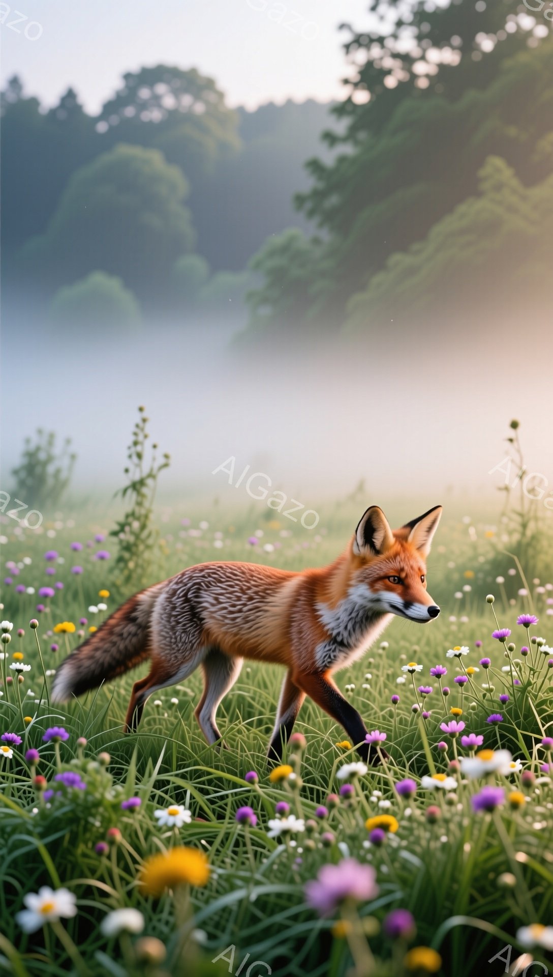 緑豊かな草地を、一匹のキツネが優雅に歩いている。朝日の光がキツネの毛並みを照らし、周囲の花々とのコントラストが美しい。背景には薄霧が立ち込め、幻想的な雰囲気を醸し出している。 - AI生成フリー素材
