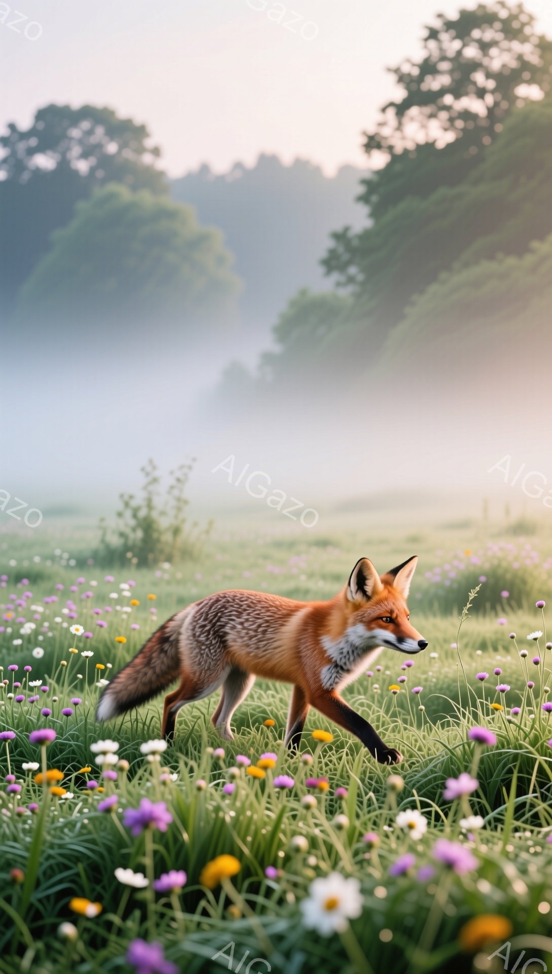 草原の中を歩く美しい狐が写っています。朝の光が差し込み、花々が咲き乱れる幻想的な光景です。狐の毛並みは鮮やかなオレンジ色で、緑の草原とのコントラストが美しいです。