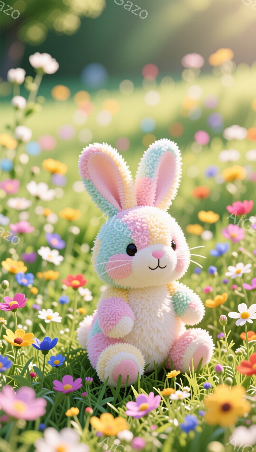 明るい花畑に、パステルカラーのふわふわしたうさぎのぬいぐるみがあります。うさぎは前足を組み、可愛らしい表情でこちらを見ています。背景は様々な色の花が咲き乱れ、春の暖かな日差しが感じられます。