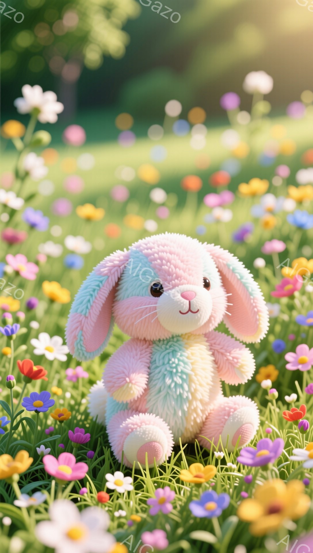 色とりどりの花々が咲き乱れる草原に、ふわふわのパステルカラーのうさぎのぬいぐるみが座っています。うさぎはピンクと水色のグラデーションで、つぶらな瞳と小さな鼻が愛らしい表情をしています。背景は緑豊かで、 - AI生成フリー素材