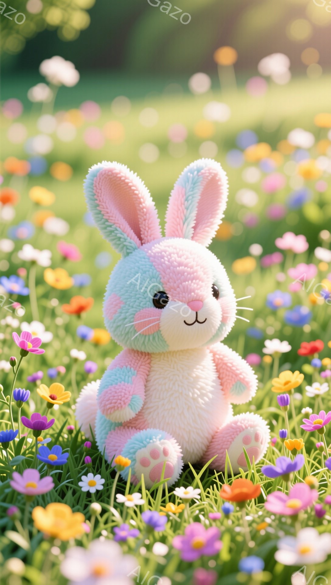 カラフルな花畑に座るふわふわのうさぎのぬいぐるみです。パステルカラーの毛並みが可愛らしく、丸い瞳が優しい印象を与えます。背景には様々な色の花が咲き乱れ、春らしい明るい雰囲気が漂っています。 - AI生成フリー素材