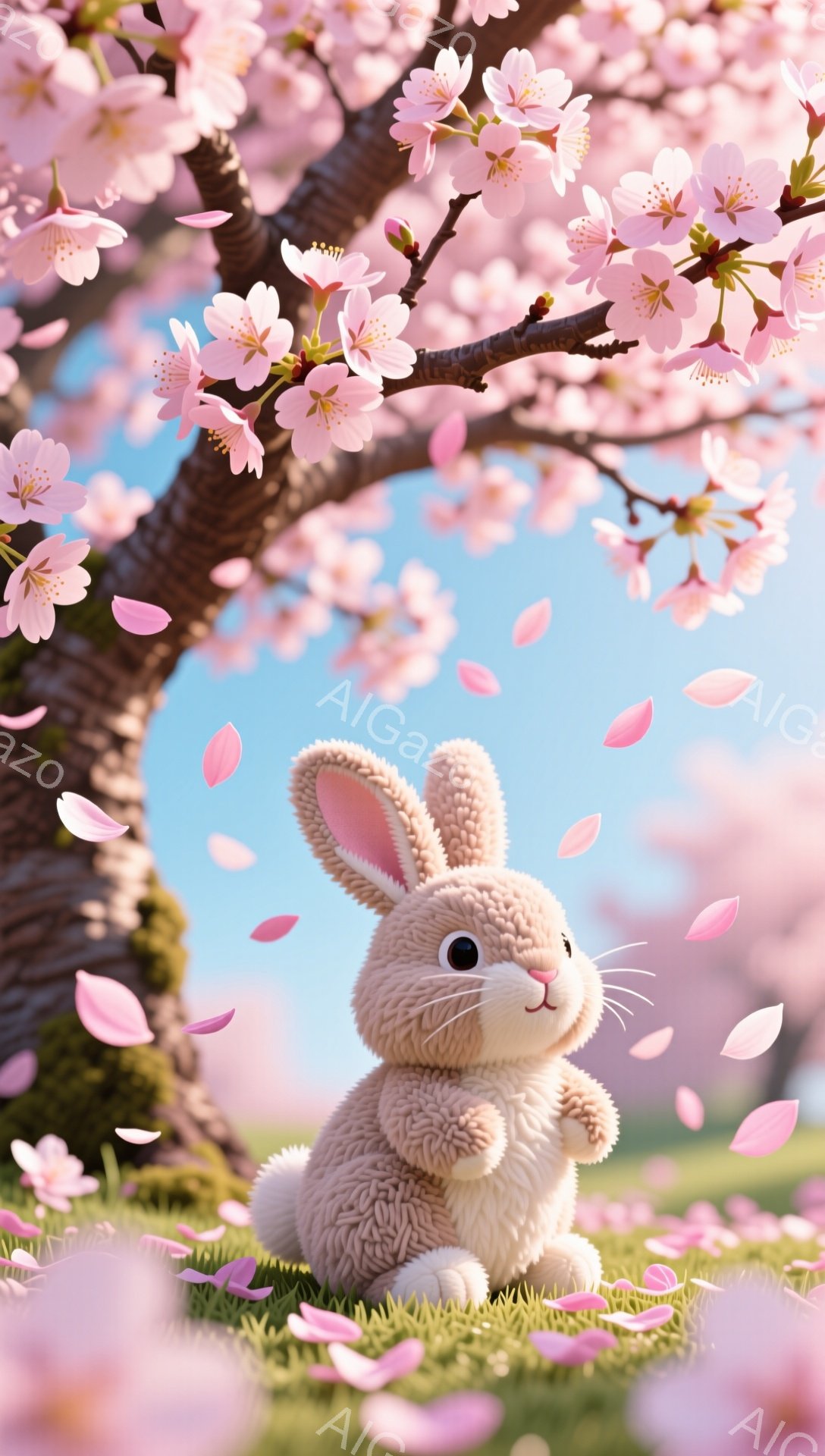 ふわふわの毛並みをしたうさぎが、桜の木の下で可愛らしく座っています。ピンク色の桜の花びらが舞い、春らしい穏やかな雰囲気を醸し出しています。背景には青空が広がり、暖かく優しい光が降り注いでいます。 - AI生成フリー素材