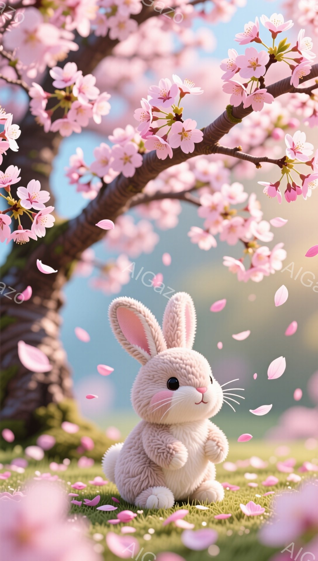 ふわふわのうさぎが桜の木の下に座っています。周りには桜の花びらが舞い散り、春の暖かな雰囲気が漂っています。うさぎは可愛らしい表情で、見ている人を癒してくれます。 - AI生成フリー素材