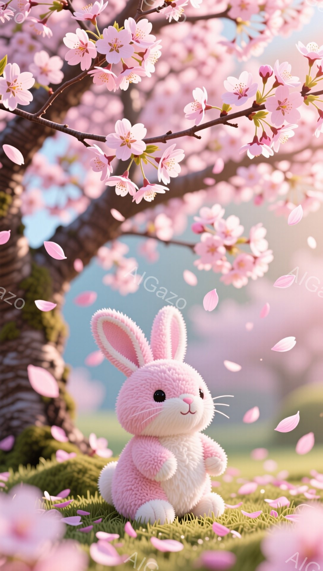 ふわふわのピンク色のウサギが草の上に座っています。周りには桜の花びらが舞い、背景には桜の木が見えます。春の暖かく優しい雰囲気が感じられます。 - AI生成フリー素材