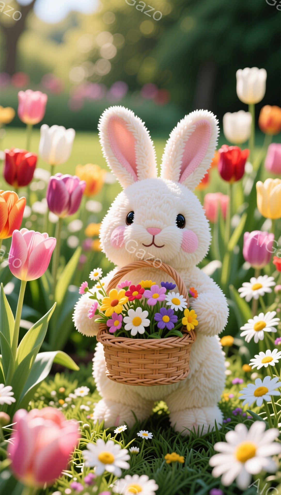 ふわふわの白いウサギが、花でいっぱいのバスケットを抱えています。周りには色とりどりのチューリップやデイジーが咲き乱れ、春の暖かい雰囲気が漂っています。ウサギは幸せそうに微笑んでおり、可愛らしい姿が印象的です。