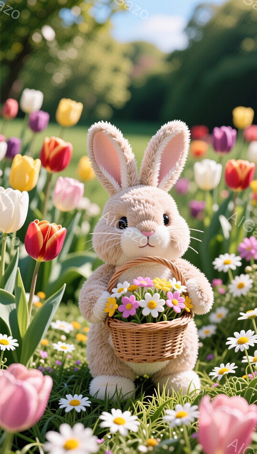 ふわふわのうさぎが花をいっぱいに詰めたバスケットを抱えています。背景には色とりどりのチューリップやデイジーが咲き乱れ、春の暖かく穏やかな雰囲気が感じられます。うさぎは可愛らしい表情で、花畑の中で幸せそうに立っています。