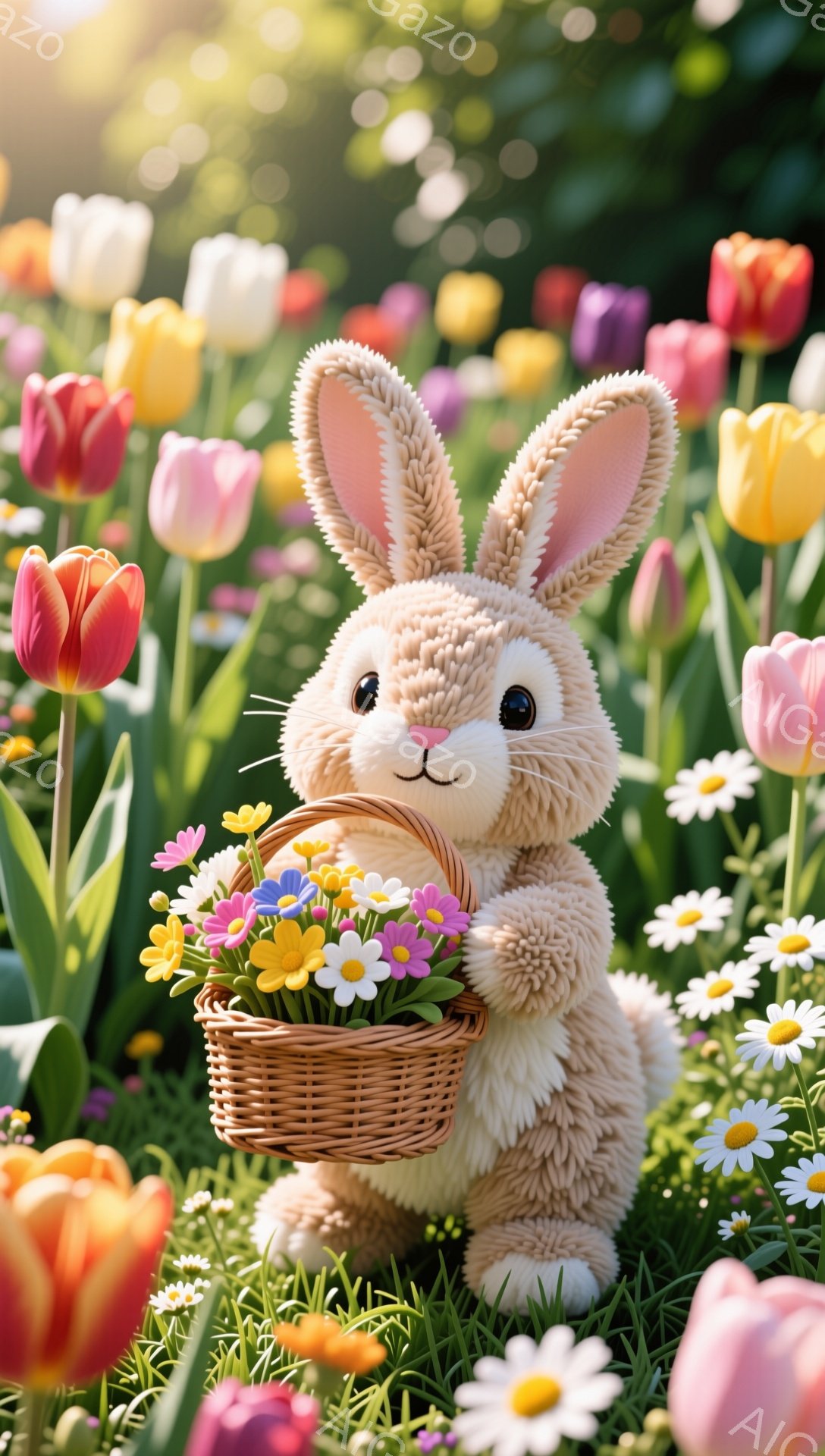 明るい花畑に白いウサギが立っていて、手には花が詰まったバスケットを持っています。ウサギは可愛らしく、丸い目とふわふわの毛並みが特徴的です。背景には様々な色のチューリップやデイジーが咲き誇り、春の暖かい雰囲気を演出しています。