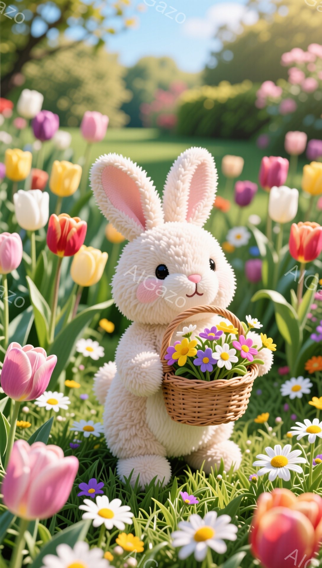 ふわふわの白いウサギが、花でいっぱいの草原に座っています。小さなバスケットを手に持ち、嬉しそうな笑顔を浮かべています。背景には色とりどりのチューリップやデイジーが咲き乱れ、春の暖かさを感じさせます。