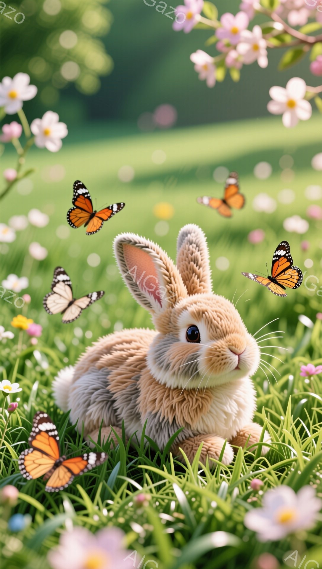 緑豊かな草地の真ん中で、ふわふわの茶色のウサギが可愛らしく座っています。周囲にはピンクや白の小さな花が咲き乱れ、蝶が舞い、春の穏やかな雰囲気が漂っています。ウサギは好奇心に満ちた表情で、まるで遊んでい - AI生成フリー素材