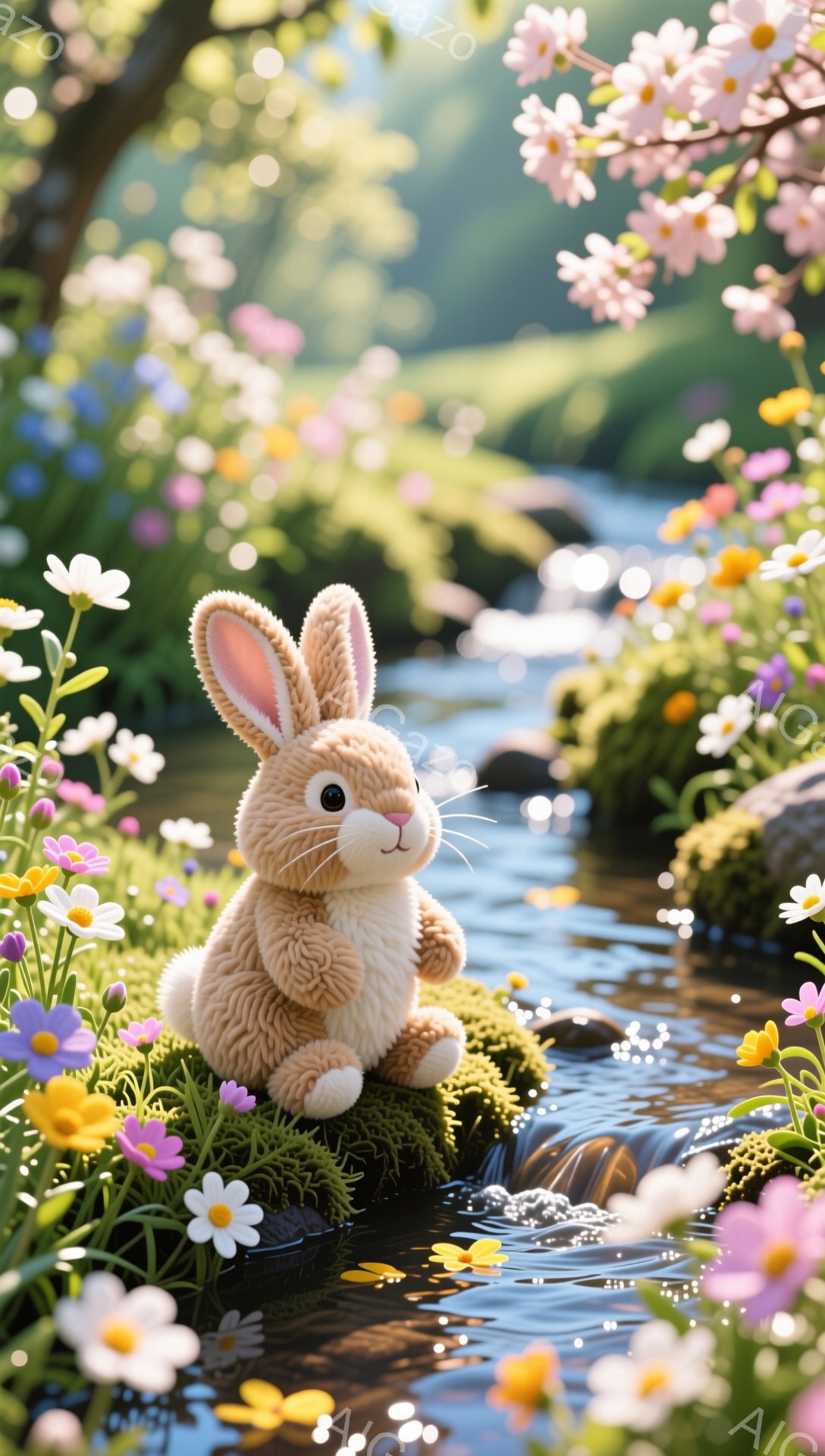 可愛らしい子ウサギが緑の苔の上に座り、澄んだ小川を眺めている。周りには色とりどりの花が咲き乱れ、春の暖かく穏やかな雰囲気が漂っている。ウサギのつぶらな瞳と柔らかな毛並みが、見る人の心を温かくする。 - AI生成フリー素材