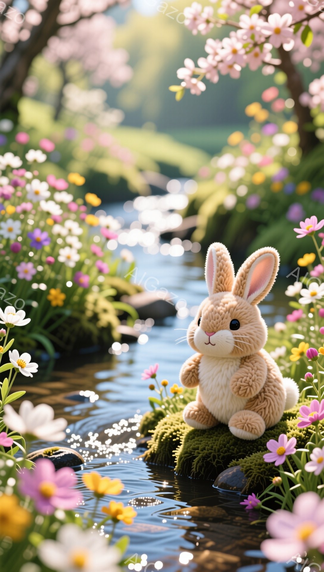 小さなうさぎが緑の苔の上に座り、穏やかな川を見つめている。周囲には色とりどりの花が咲き乱れ、春の暖かな雰囲気が漂っている。背景には木々がぼやけており、自然豊かな風景が広がっている。 - AI生成フリー素材