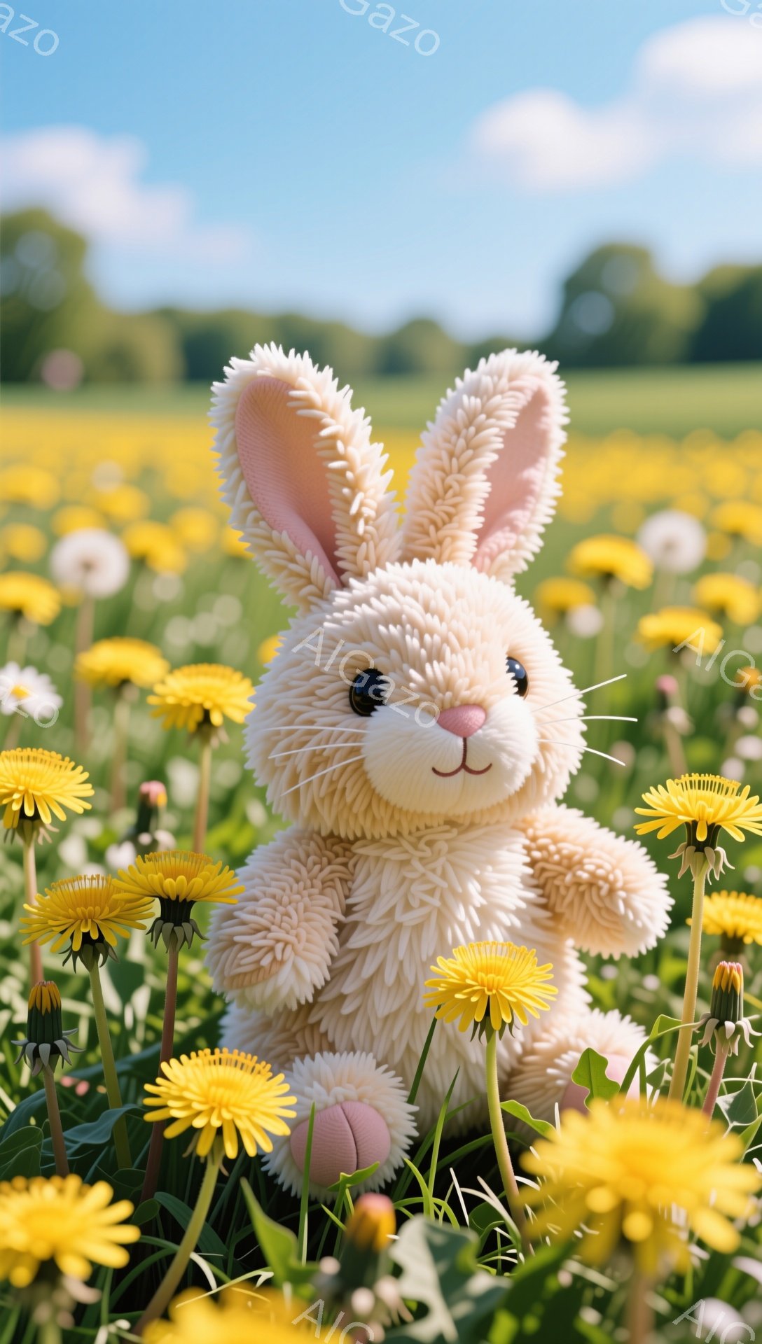 ふわふわのクリーム色のウサギのぬいぐるみは、タンポポがたくさん咲く草原の中に座っています。太陽の光が優しく差し込み、穏やかで平和な雰囲気が漂っています。ウサギの表情は可愛らしく、春の暖かさを感じさせま - AI生成フリー素材