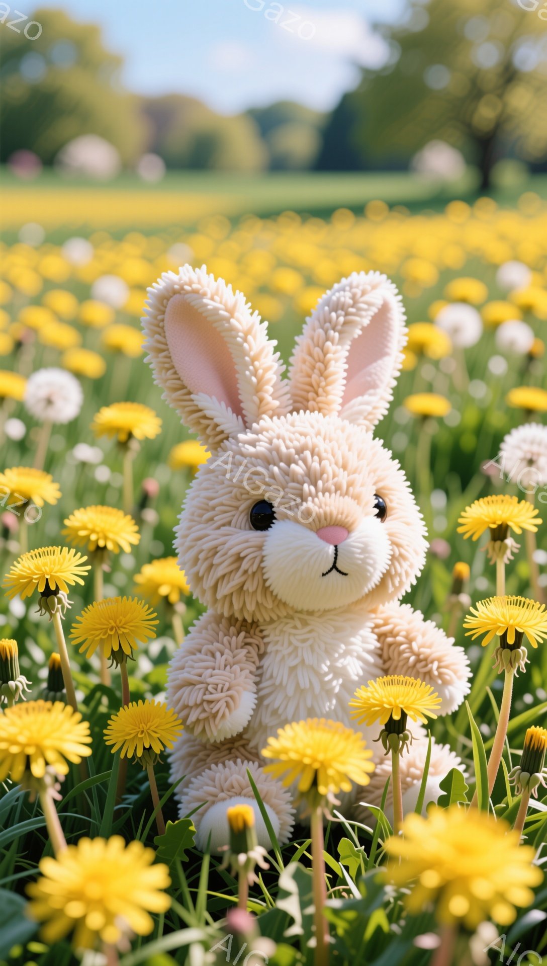 ふわふわのクリーム色のウサギのぬいぐるみは、鮮やかな黄色いタンポポが咲き乱れる草原に座っています。太陽の光が優しく照らし、温かく穏やかな雰囲気が漂います。タンポポとウサギのコントラストが可愛らしく、春 - AI生成フリー素材