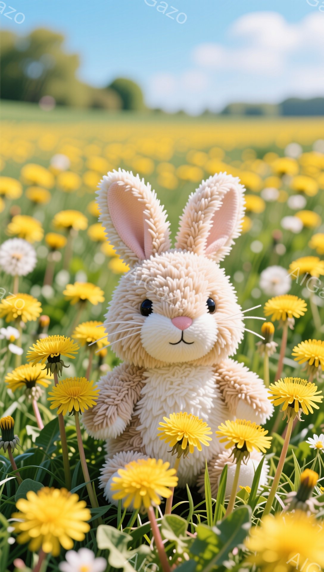 ふわふわのクリーム色のウサギのぬいぐるみは、鮮やかな黄色いタンポポが咲き乱れる草原の中に座っています。ウサギは正面を向き、穏やかな表情で、春の暖かく柔らかな日差しが全体に降り注いでいます。タンポポの花 - AI生成フリー素材