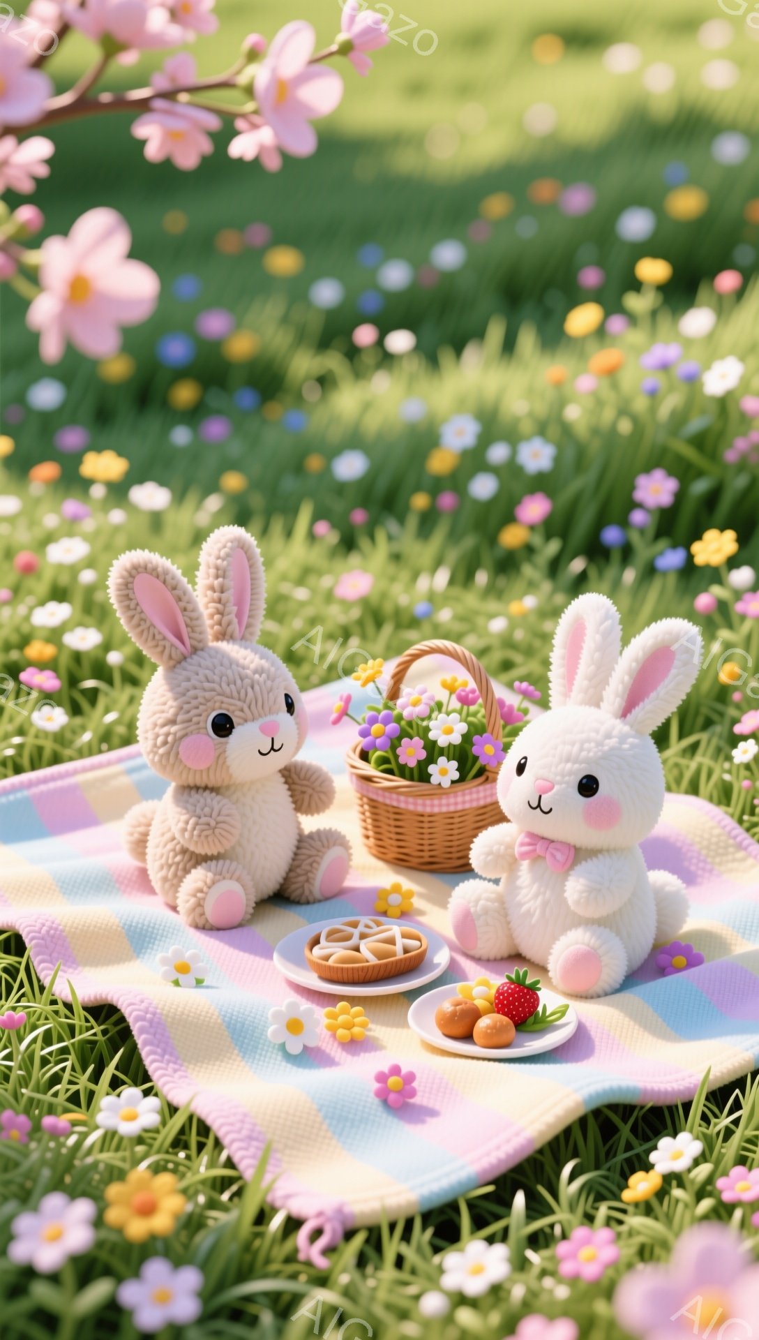 明るい春の日に、二匹の可愛いウサギがピクニックを楽しんでいます。ピンクと白のふわふわしたウサギは、花柄のバスケットとおいしそうな食べ物、そして色とりどりの花に囲まれて、幸せそうに座っています。背景には - AI生成フリー素材