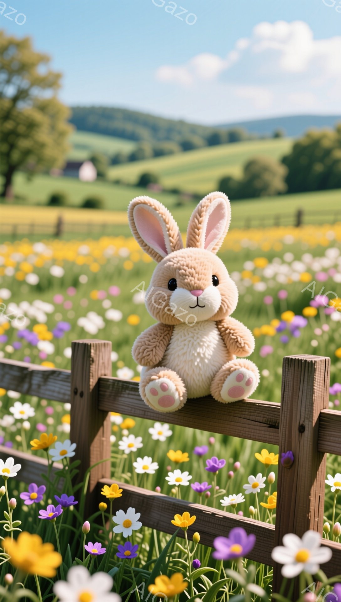 暖かく優しい雰囲気の画像です。木製の柵に座ったふわふわのぬいぐるみウサギが可愛らしいです。背景には色とりどりの花が咲き乱れる草原が広がっています。