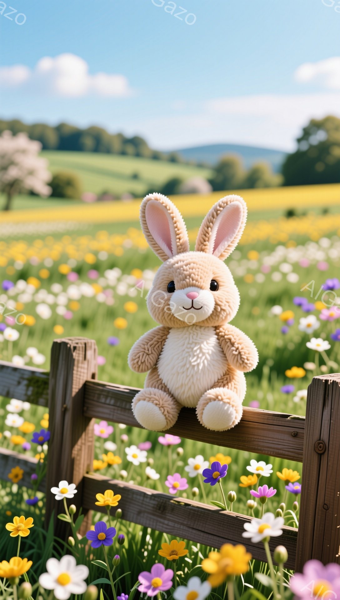 緑豊かな牧草地と野花に囲まれたフェンスに、可愛らしい茶色のうさぎのぬいぐるみが座っています。 うさぎは穏やかな表情で、まるで風景の一部であるかのようにリラックスしています。 背景には緑の丘が広がり、平和で牧歌的な雰囲気が漂っています。