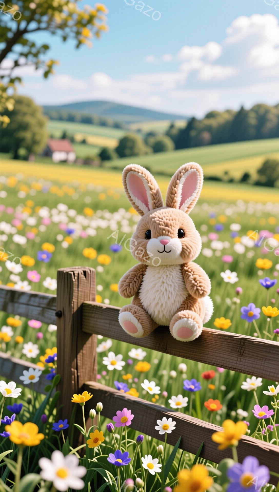 緑豊かな丘と野花が咲き乱れる風景の中に、フェンスの上に座っているぬいぐるみのようなウサギがいます。ウサギは暖かく柔らかな色合いをしており、穏やかで平和な雰囲気を醸し出しています。背景には青い空と遠くの家が見え、のどかで牧歌的な情景を描いています。
