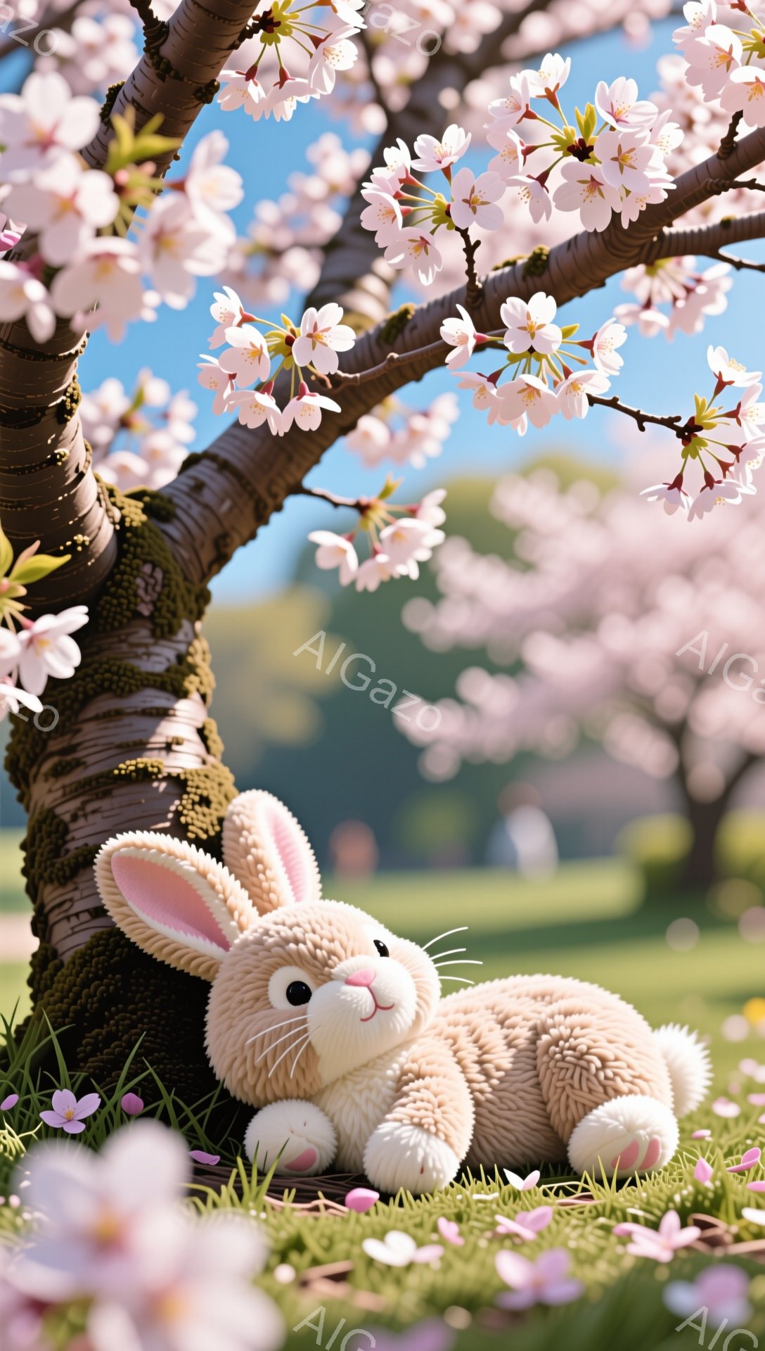 桜の木の根元で、ふわふわのうさぎのぬいぐるみが横たわっています。ピンク色の桜の花びらが舞い散り、春らしい暖かく優しい雰囲気が漂っています。柔らかい光が全体を包み込み、可愛らしい光景を作り出しています。
