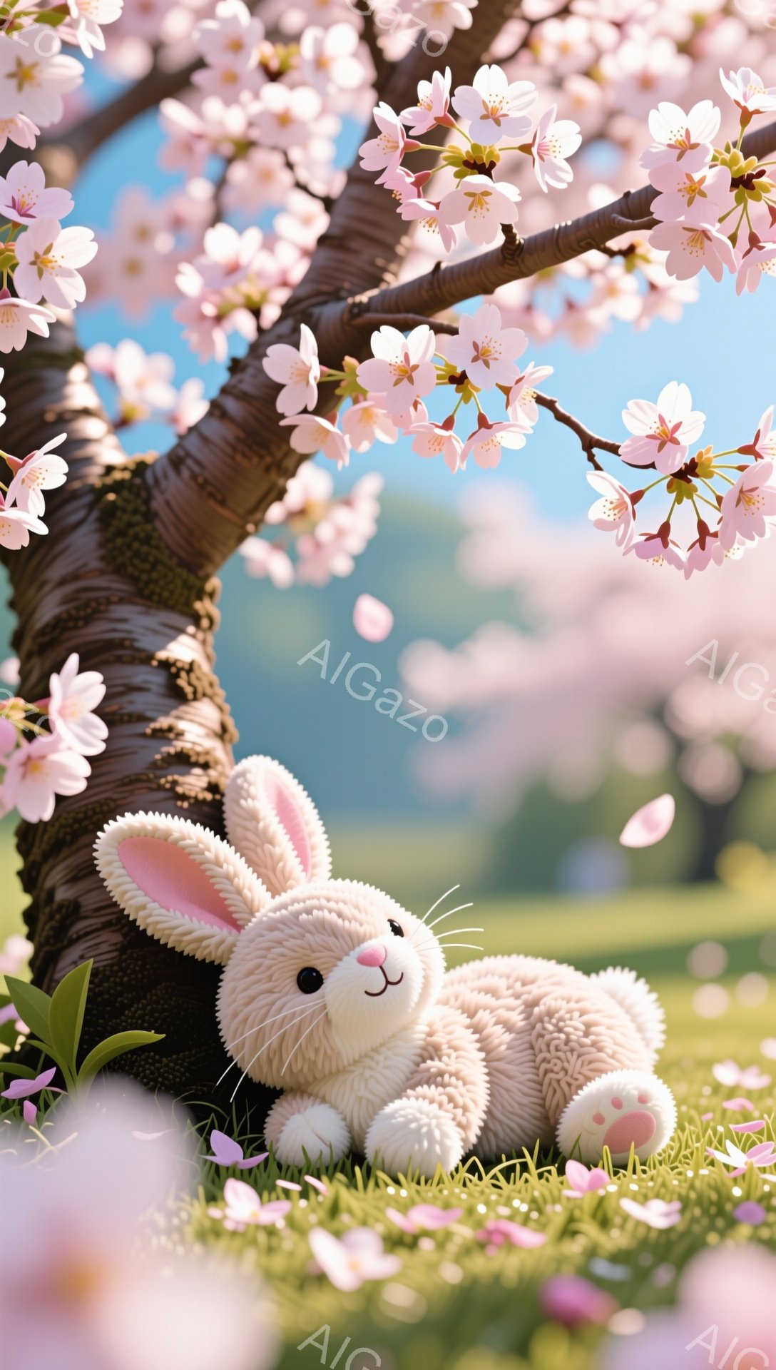 桜の木の下で、ふわふわの白いウサギが横たわっています。周囲には桜の花びらが舞い、春の穏やかな雰囲気を醸し出しています。ウサギはリラックスした様子で、穏やかな表情をしています。 - AI生成フリー素材