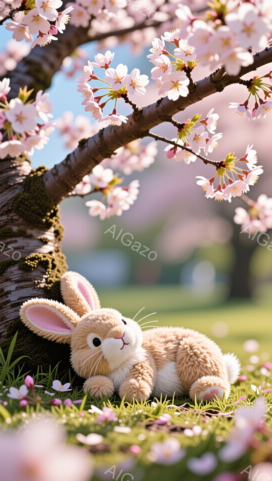 春の穏やかな日差しの中で、ふわふわのうさぎが草の上に横たわっています。背景には桜の木が咲き誇り、ピンク色の花びらが舞い散っています。可愛らしく優しい雰囲気が漂う、春の風景です。