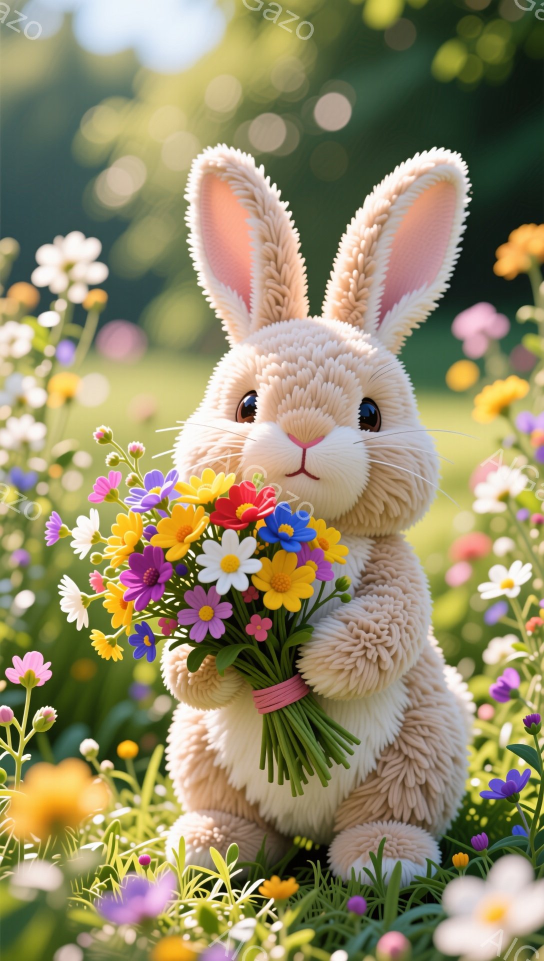 ふわふわの毛並みのうさぎが、色とりどりの花束を抱えています。背景は緑豊かな草地と様々な花で埋め尽くされており、穏やかで可愛らしい雰囲気です。うさぎは優しい表情で、見る人を魅了します。 - AI生成フリー素材