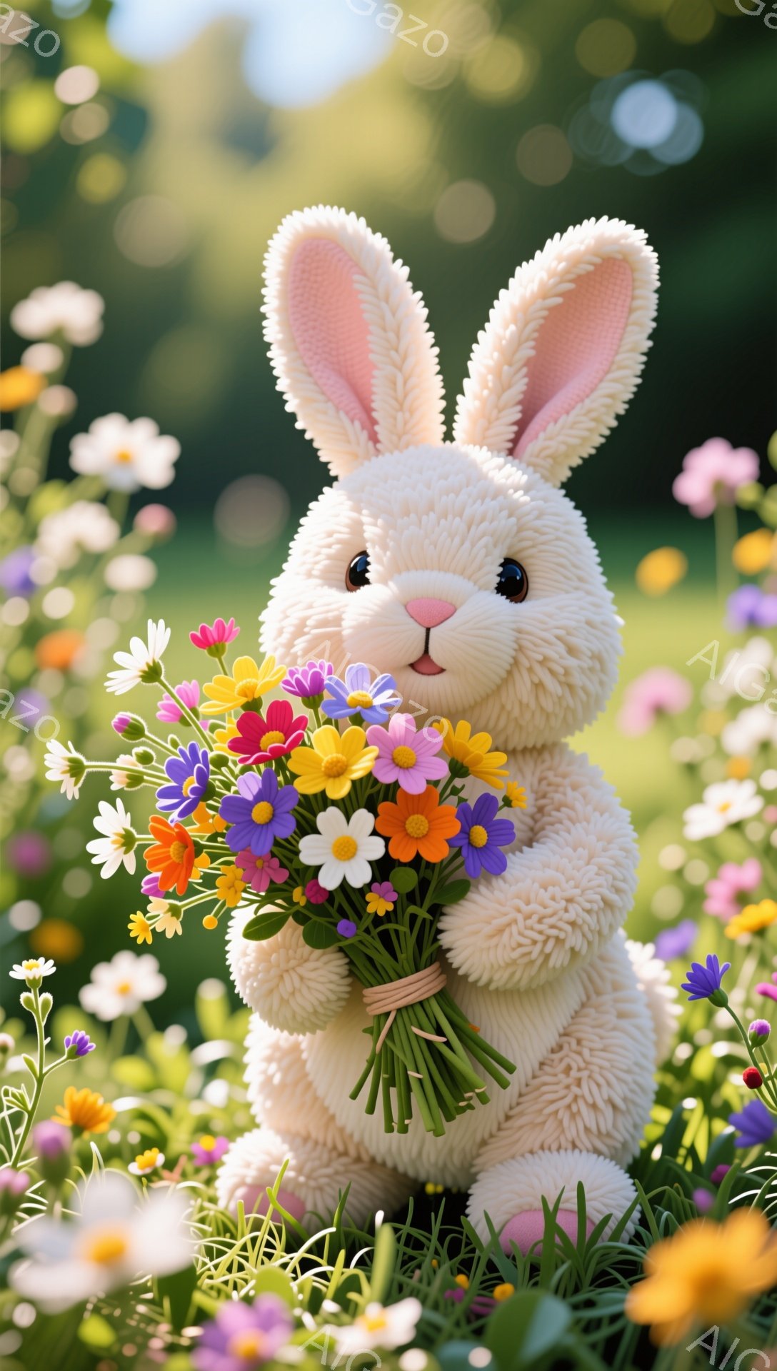 ふわふわした白いウサギが、色とりどりの花束を抱えています。ウサギは可愛らしい表情で、周囲の鮮やかな花々の中で微笑んでいます。背景には緑豊かな草原が広がり、暖かく穏やかな雰囲気が漂っています。 - AI生成フリー素材