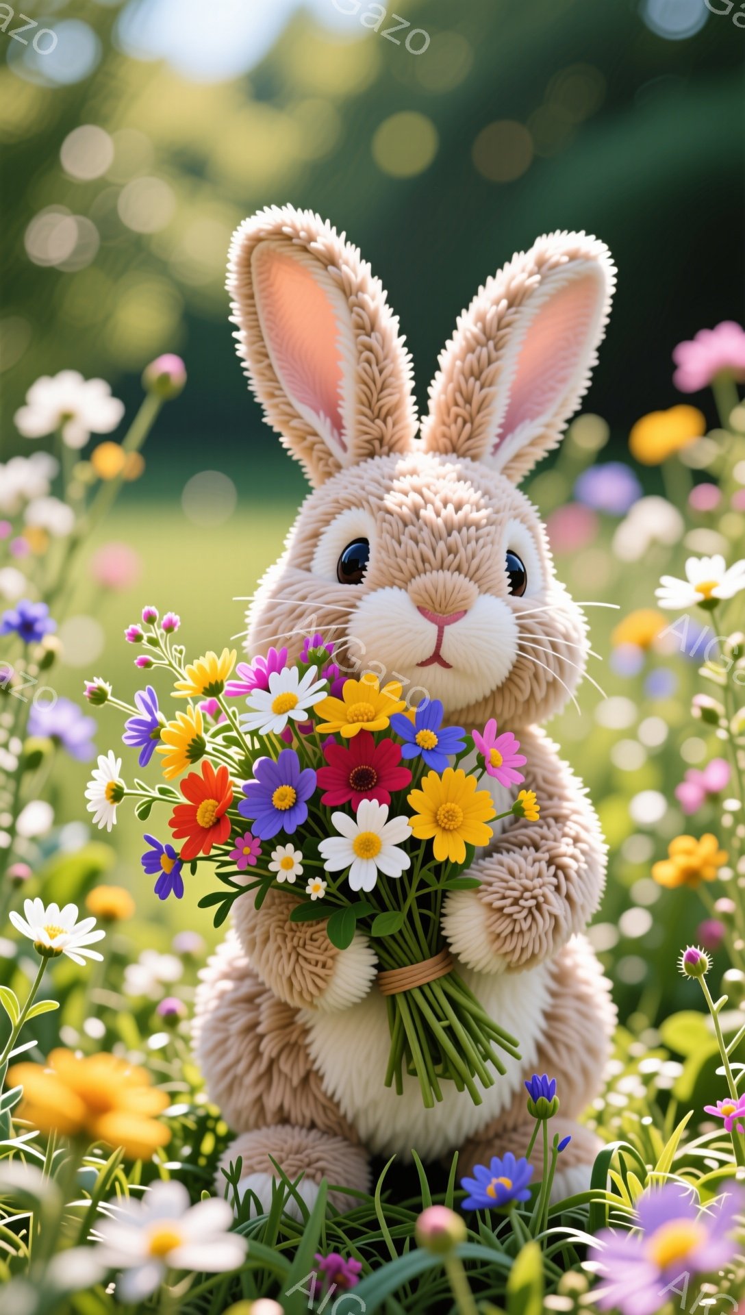 ふわふわの毛並みのウサギが、色とりどりの花束を抱えています。背景には様々な種類の花が咲き乱れ、春の暖かな日差しが降り注いでいます。可愛らしい姿に、心が和みます。 - AI生成フリー素材