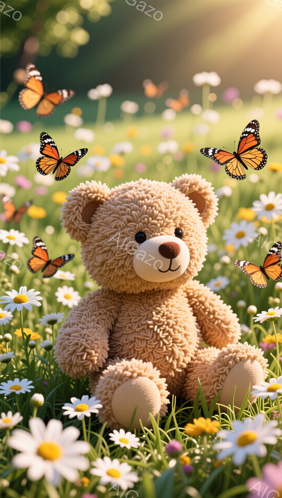 ふわふわのテディベアが、たくさんのデイジーが咲く草原に座っています。周りにはオレンジと黒の模様の蝶が舞い、穏やかで幸せな雰囲気を醸し出しています。春らしい暖かく柔らかな光が、テディベアと花々を照らしています。