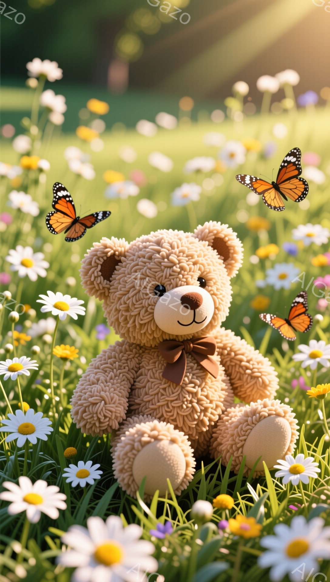 ふわふわのテディベアが花畑の中に座っています。鮮やかなデイジーや他の花々が背景を彩り、オレンジ色の蝶が周りを飛び交っています。暖かい光が降り注ぎ、牧歌的で穏やかな雰囲気を醸し出しています。