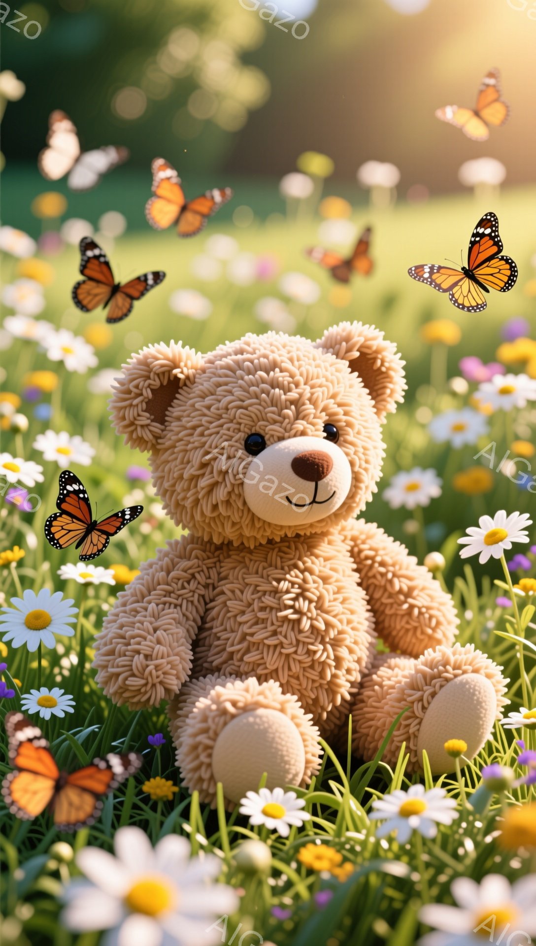 ふわふわのテディベアが、色とりどりの花々が咲き乱れる草原に座っています。周囲にはオレンジ色の蝶が舞い、暖かく穏やかな雰囲気が漂っています。太陽の光が優しく差し込み、春らしい可愛らしい光景です。 - AI生成フリー素材