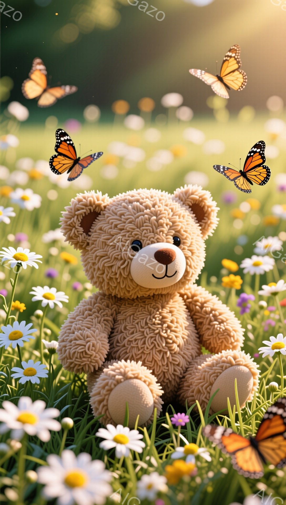 ふわふわのテディベアが、色とりどりの花々の中に座っています。周りにはオレンジと黒の美しい蝶が舞い、穏やかで暖かい雰囲気を醸し出しています。背景には緑の草むらが広がり、春の陽光が差し込んでいます。 - AI生成フリー素材