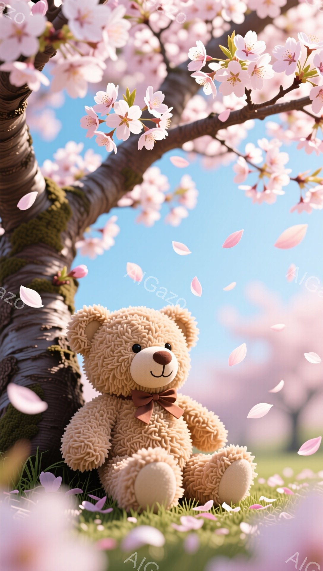 ふわふわのテディベアが草の上に座って、桜の花びらが舞い散る春の風景の中にいます。リボンをつけたクマは穏やかな表情で、暖かい日差しがその柔らかい毛並みを照らしています。背景には桜の木があり、春の穏やかさ - AI生成フリー素材