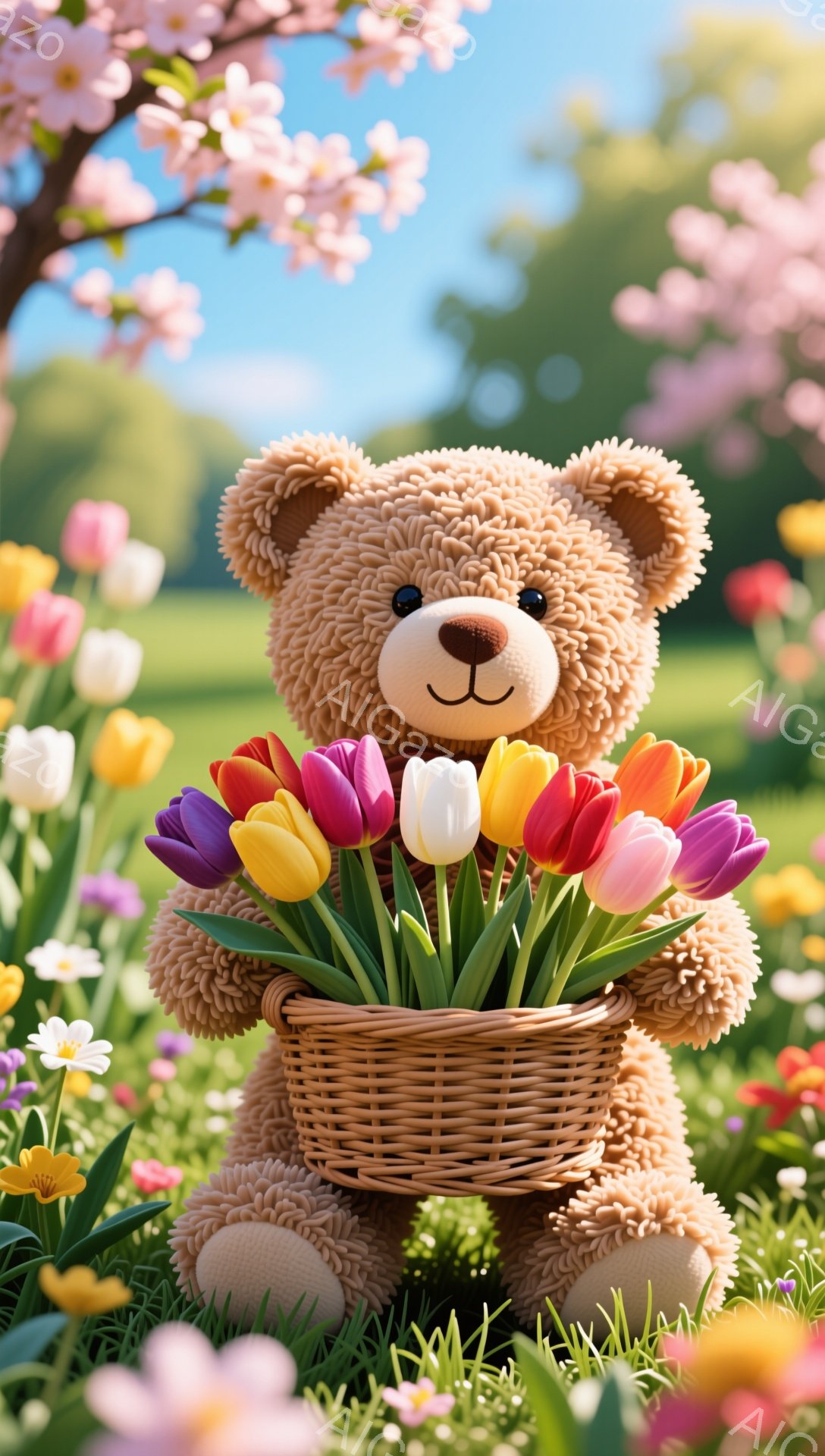 毛並みの良いテディベアが、色とりどりのチューリップの花が詰まったバスケットを抱えています。背景には春らしい花畑と桜の木があり、暖かく穏やかな雰囲気です。かわいらしい表情のクマは、春の訪れを感じさせる心 - AI生成フリー素材