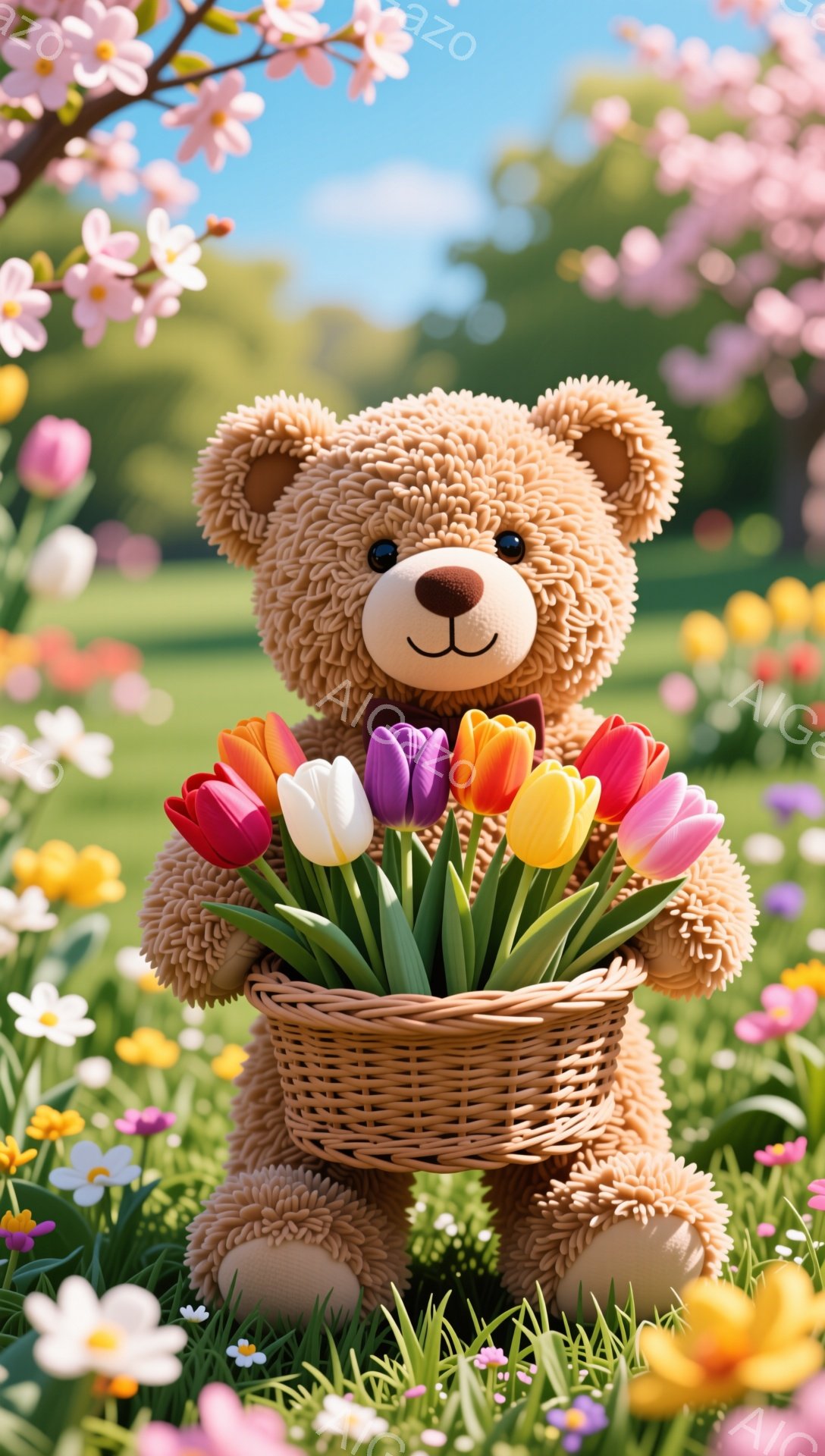 ふわふわのテディベアが、花でいっぱいのバスケットを抱えています。背景には桜の木と色とりどりの花が咲き乱れる春の庭園が広がっており、暖かく優しい雰囲気が漂っています。テディベアは赤いリボンをつけており、 - AI生成フリー素材