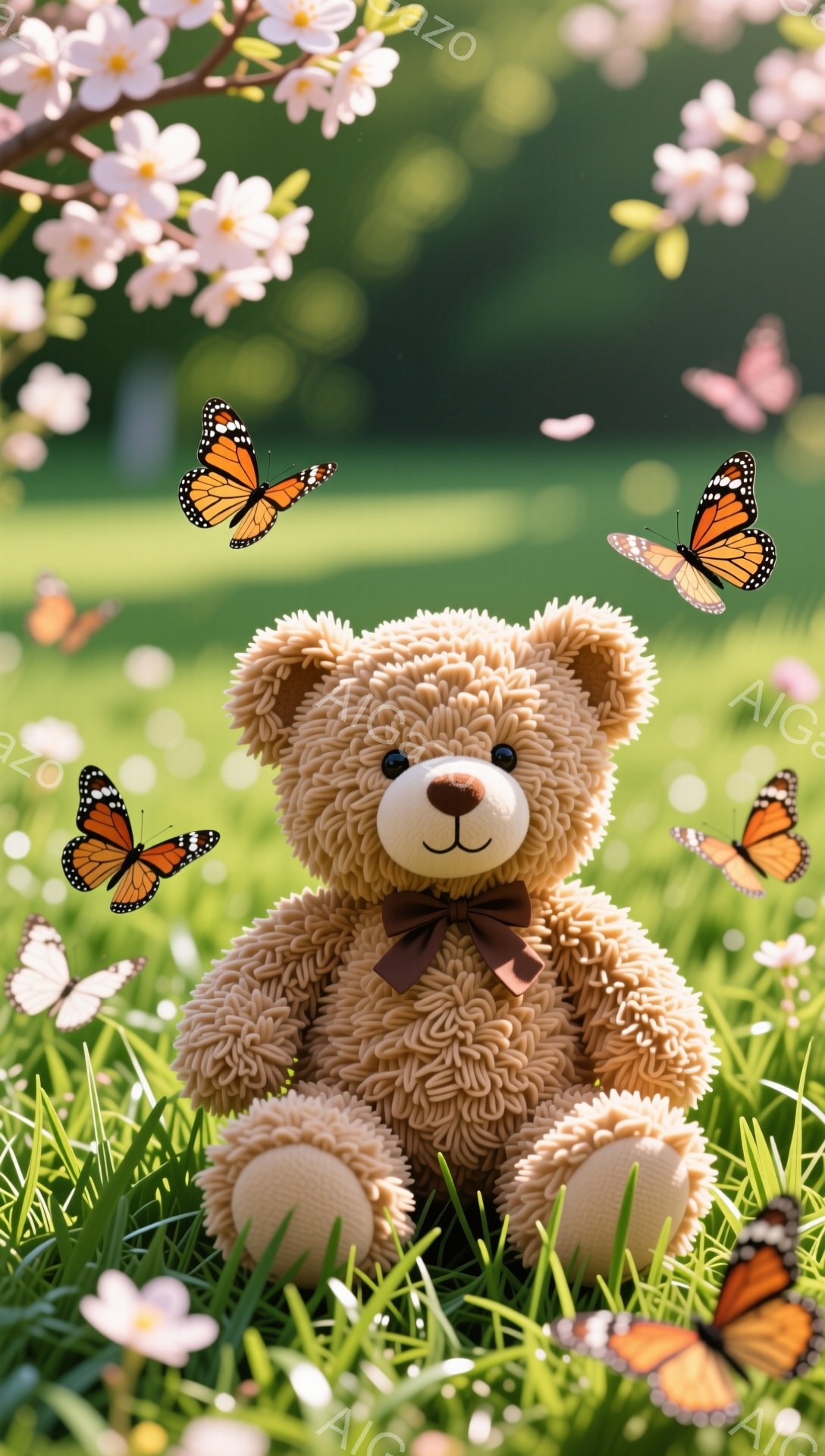 ふわふわのテディベアが緑の草むらに座り、周りにはピンクの桜の花びらが舞っている。カラフルな蝶がいくつか飛んでおり、暖かく穏やかな春の雰囲気を醸し出している。テディベアは赤いリボンをつけており、可愛らし - AI生成フリー素材