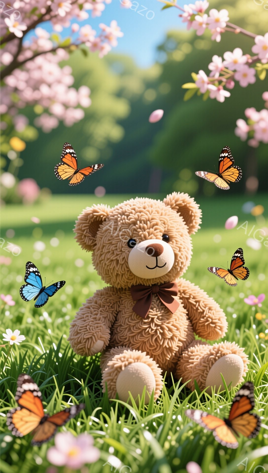 柔らかい毛並みのテディベアが、緑の草の上に座っています。周りにはタンポポや桜の花びらが舞い、カラフルな蝶が飛び交っています。春の穏やかで優しい雰囲気が漂う、可愛らしい光景です。 - AI生成フリー素材
