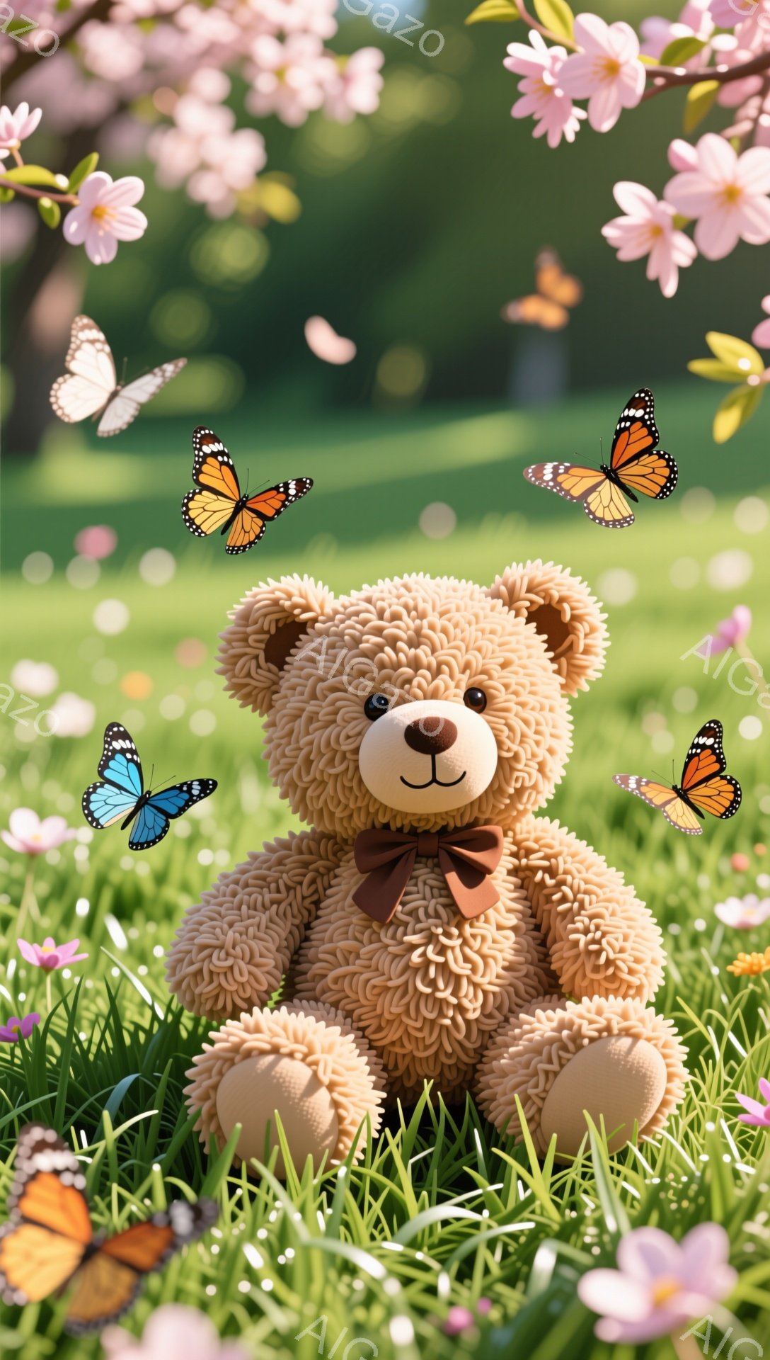 ふわふわのテディベアが花畑の中に座っています。茶色のリボンをつけており、周りには色とりどりの蝶が舞っています。春らしい穏やかで優しい雰囲気の画像です。