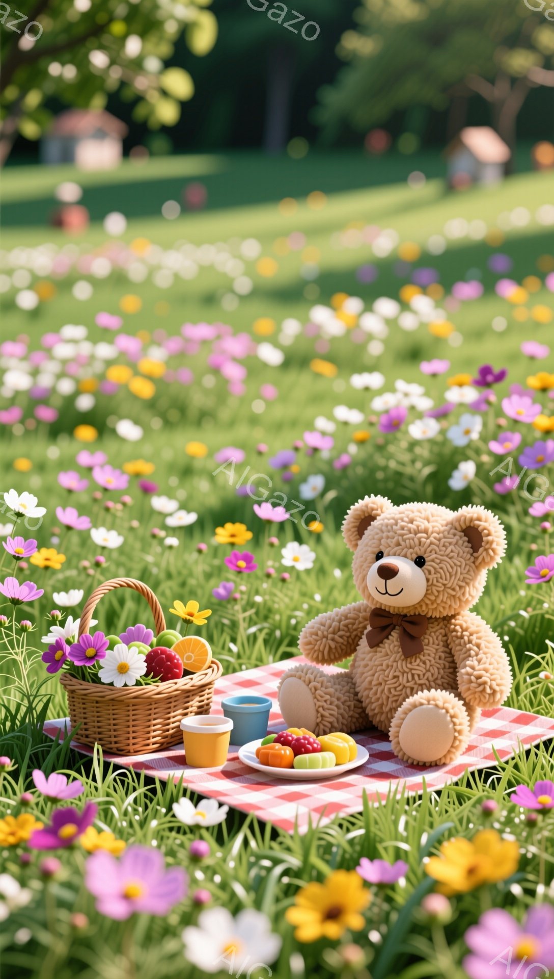 色とりどりの花々が咲き乱れる草原で、ピクニックを楽しんでいるテディベアがいる。赤いリボンを首に巻き、可愛らしい表情でバスケットに入った果物や飲み物を見ている。暖かく優しい雰囲気で、心地よい時間が流れているようだ。