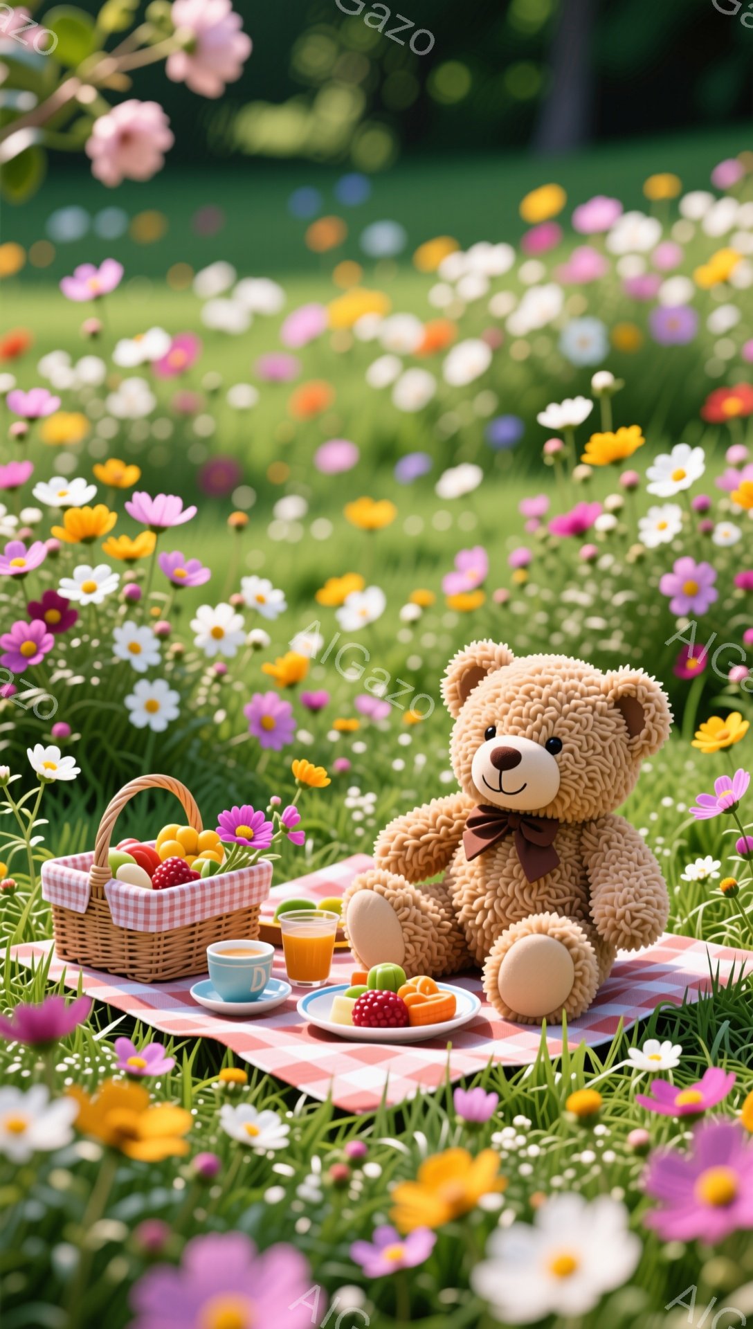 色とりどりの花々が咲き乱れる草原で、テディベアがピクニックを楽しんでいます。赤いチェックの布の上に、バスケット、飲み物、フルーツが並べられ、のどかな雰囲気です。暖かく優しい光が、心地よいひとときを演出 - AI生成フリー素材