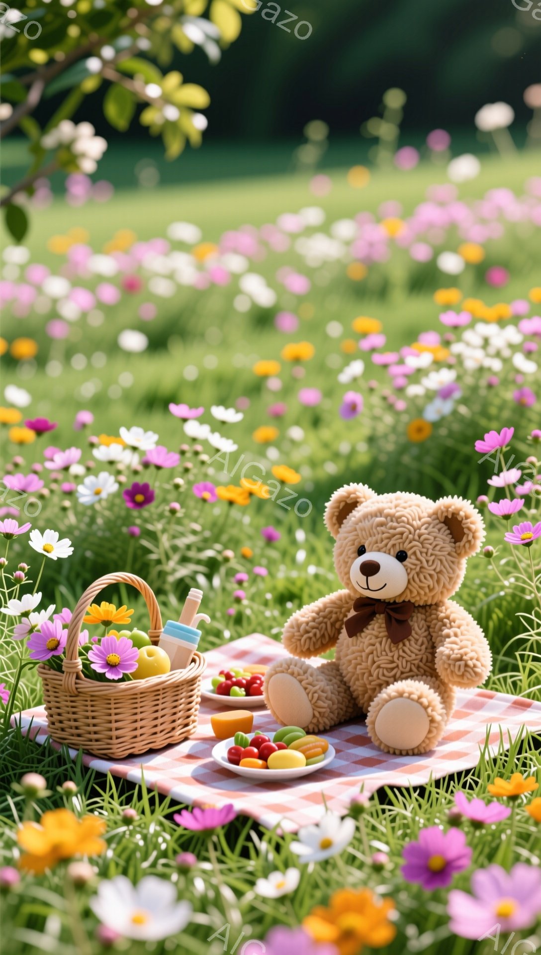 色とりどりの花々が咲き乱れる草原で、可愛らしいテディベアがピクニックを楽しんでいます。赤いチェックの敷物の上には、お菓子や飲み物が置かれたバスケットがあり、穏やかで夢のような雰囲気を醸し出しています。鮮やかな色彩と暖かな光が、平和なひとときを表現しています。