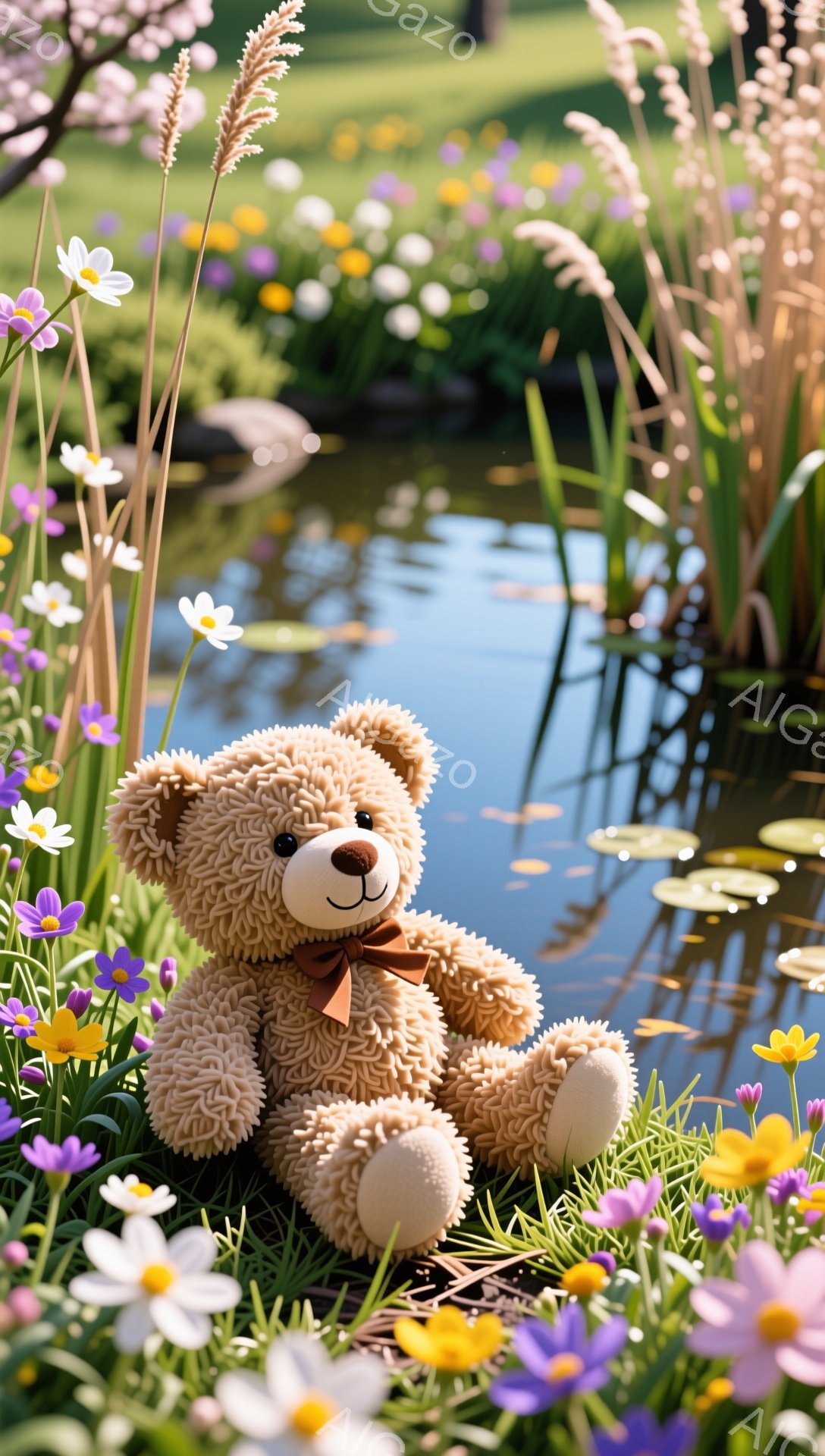 緑豊かな草むらに座っているテディベアが写っています。茶色の毛並みに赤いリボンが結ばれていて、表情は穏やかです。背景には水面が輝く池があり、花々が咲き乱れ、のどかな雰囲気を醸し出しています。 - AI生成フリー素材