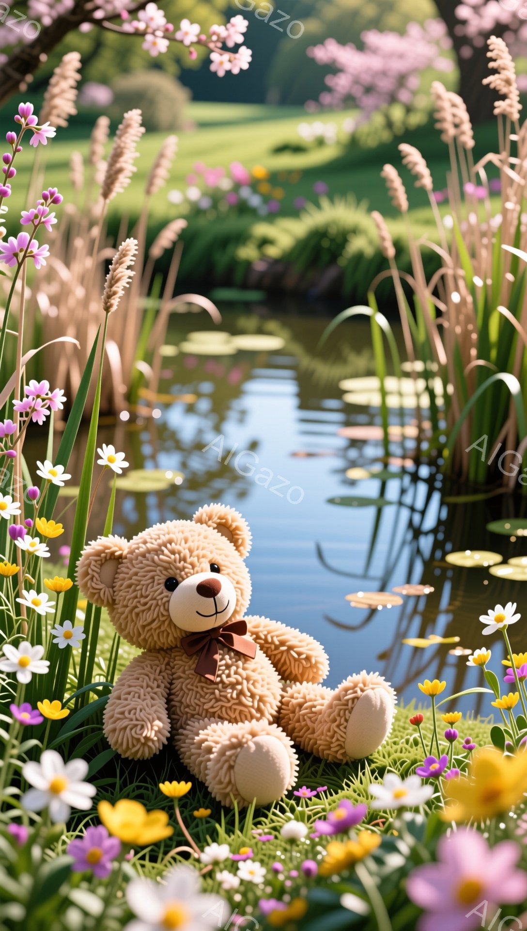 緑豊かな草地のそばにテディベアが座っており、首には赤いリボンが付いています。背景にはぼやけた水面と、ピンクの花が咲く木が見え、平和で穏やかな雰囲気です。春の暖かく柔らかな光が、テディベアと周囲の花々を - AI生成フリー素材