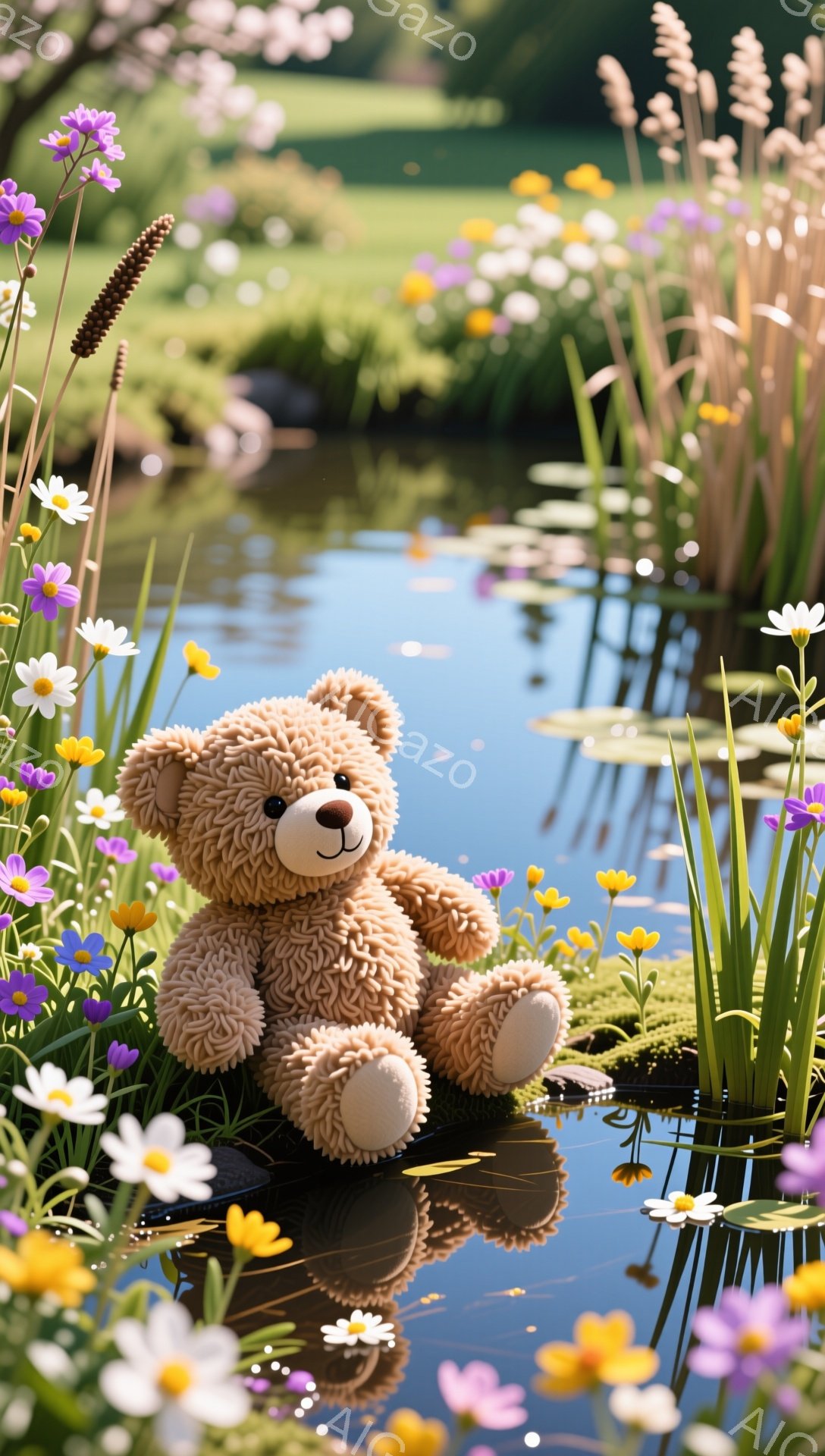 ぬいぐるみは、水辺の緑豊かな植物の中に座っており、可愛らしい表情をしています。周囲には紫や黄色の花が咲き乱れ、穏やかな水面にその姿が映り込んでいます。優しく暖かく、牧歌的な雰囲気が漂う光景です。 - AI生成フリー素材