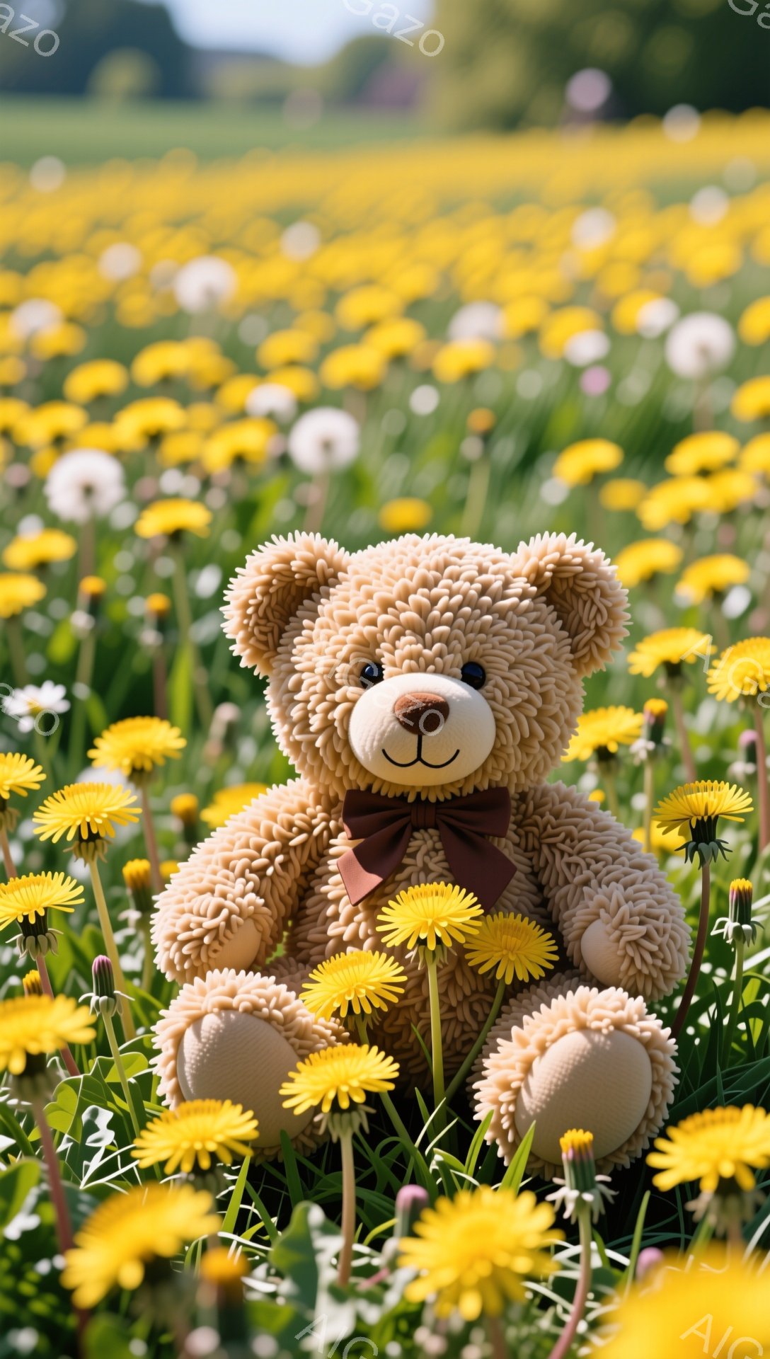 ふわふわのテディベアがタンポポがたくさん咲いた草原に座っています。茶色のリボンが可愛らしいアクセントになっています。背景は緑豊かで、春の穏やかな雰囲気が感じられます。 - AI生成フリー素材