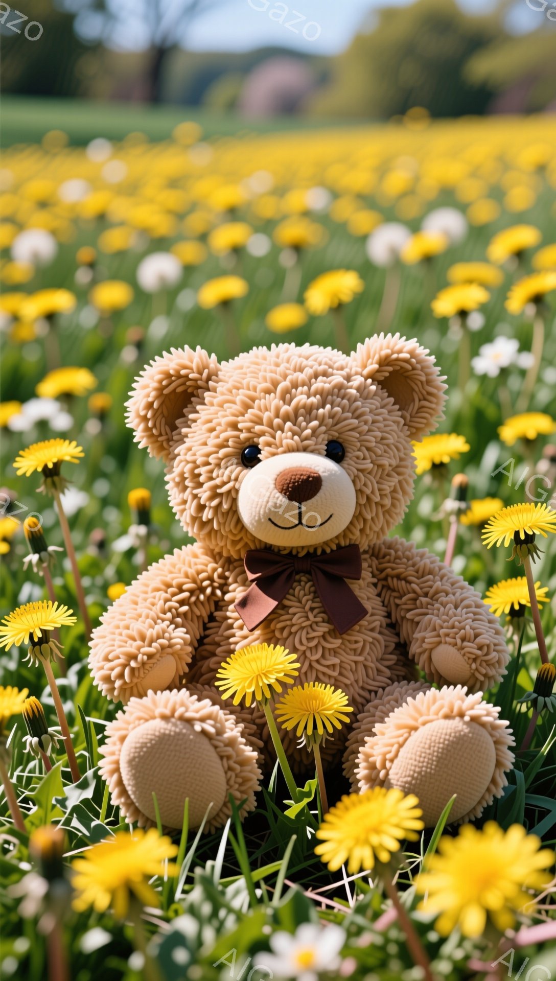 ふわふわのテディベアがタンポポ畑に座っています。首には茶色いリボンが結ばれていて、可愛らしい表情をしています。背景には緑の草とたくさんの黄色いタンポポが広がり、春の暖かく穏やかな雰囲気が感じられます。 - AI生成フリー素材