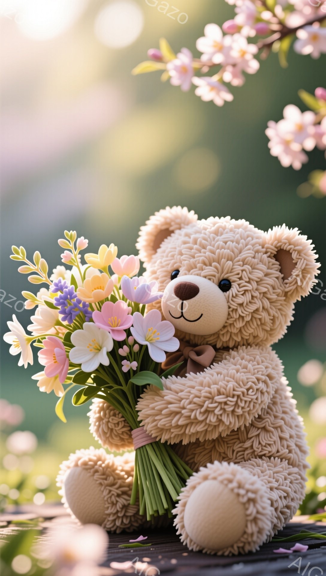 ふわふわのテディベアが、色とりどりの花束を抱えています。背景には、桜の花びらが舞い、春の穏やかな雰囲気が漂っています。暖かく優しい光が、テディベアと花々を照らし出しています。