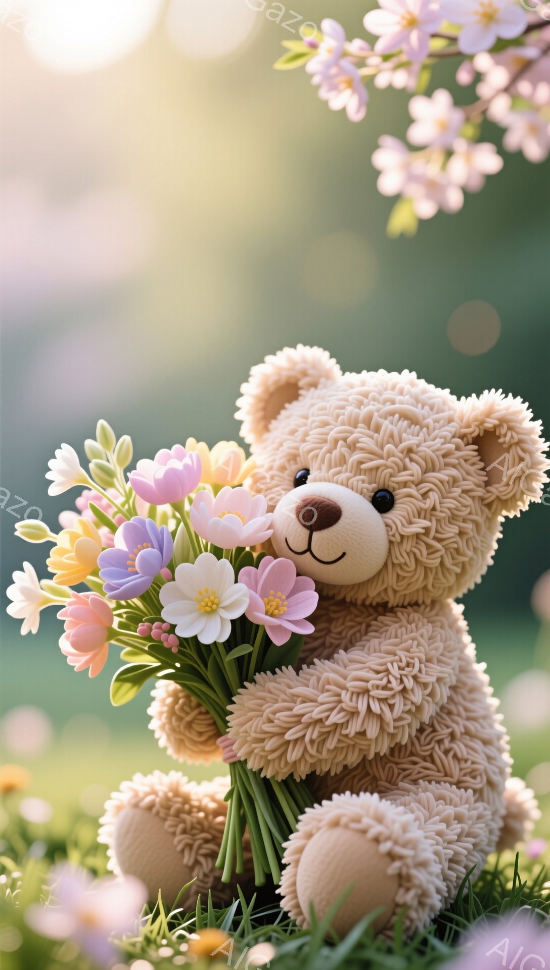 ふわふわのテディベアが、色とりどりの花束を抱えています。背景には緑の草とピンクの花がぼやけて写っており、春の穏やかな雰囲気です。太陽光が差し込み、暖かく優しい印象を与えています。 - AI生成フリー素材