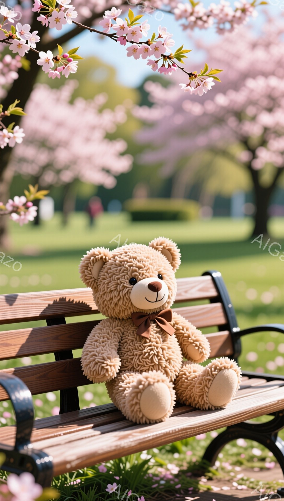 桜並木のベンチに座っているテディベア。ふわふわの茶色の毛並みで、赤いリボンをつけている。春の穏やかな日差しの中で、可愛らしい雰囲気を醸し出している。 - AI生成フリー素材